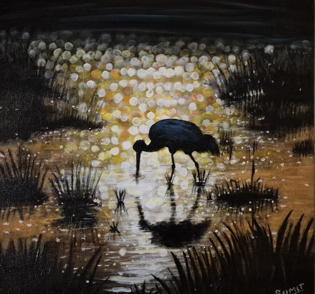 Twilight Wader, an acrylic painting by Sumit Anand